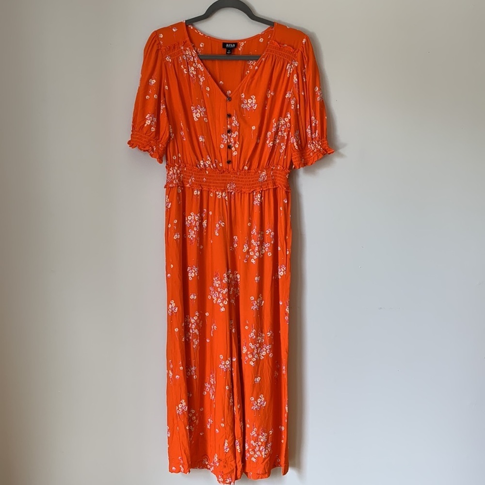 Orange Floral Short Sleeve Wide Leg Jumpsuit Elastic Waistband Size Medium